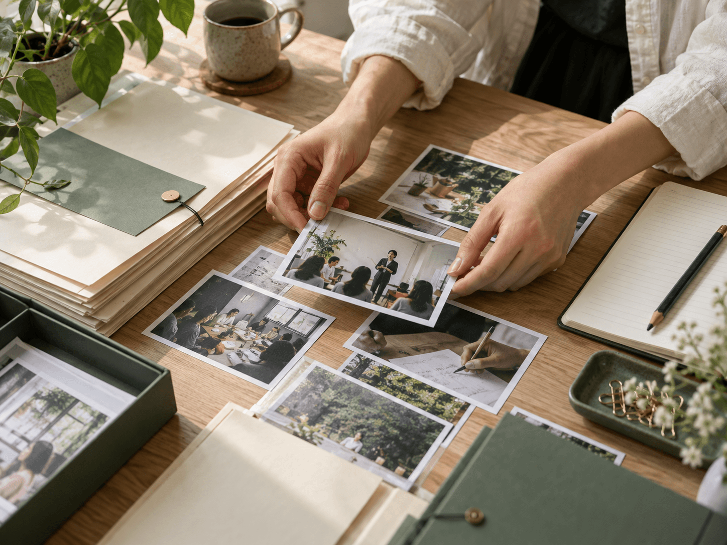 Organizing service participation photos and documents into a complete history
